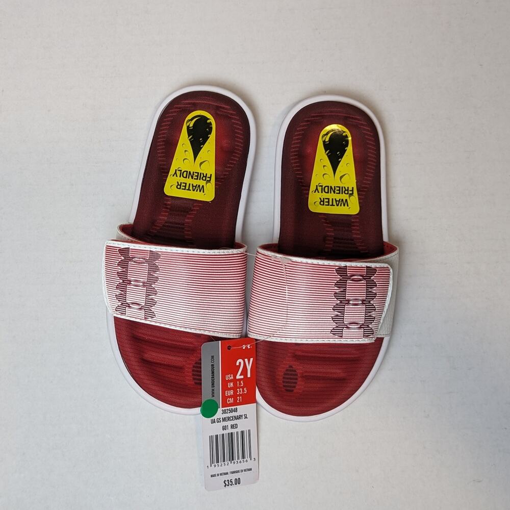 NWT Under Armour White Red GS Mercenary Slides Size 2 Youth 3025048